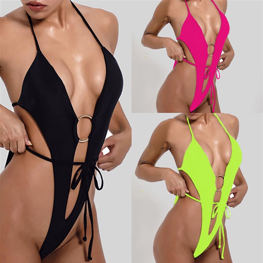 Kvinnlig Sexig badkläder 2021 Summer Swimwear Halter Push Up Thong Bandage One Piece Swimsuit String Beach Bathing Suit for Women225h