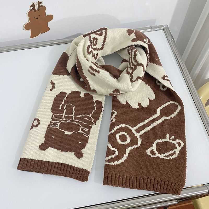 Schals Neuer koreanischer Strickschal, niedlicher kleiner Bär, Gitarre, doppelseitiger Schal für Frauen im Herbst und Winter, warme Paare, vielseitiger Trend, L249