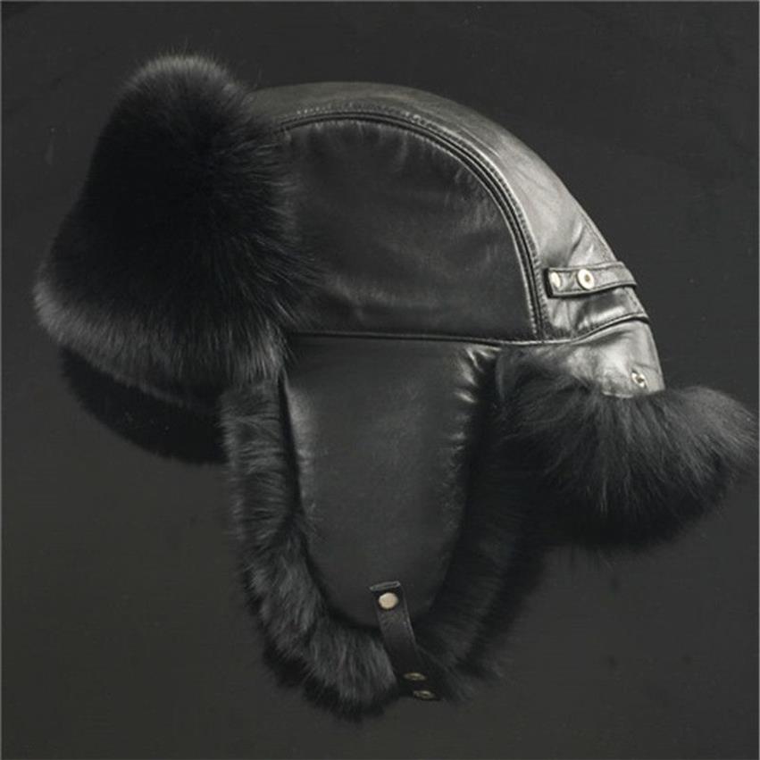 Chapeau en vraie fourrure de renard et cuir véritable pour hommes et femmes, couvre-oreilles de Ski, Ushanka russe, chaud d'hiver, aviateur, trappeur, bombardier, Cap259S