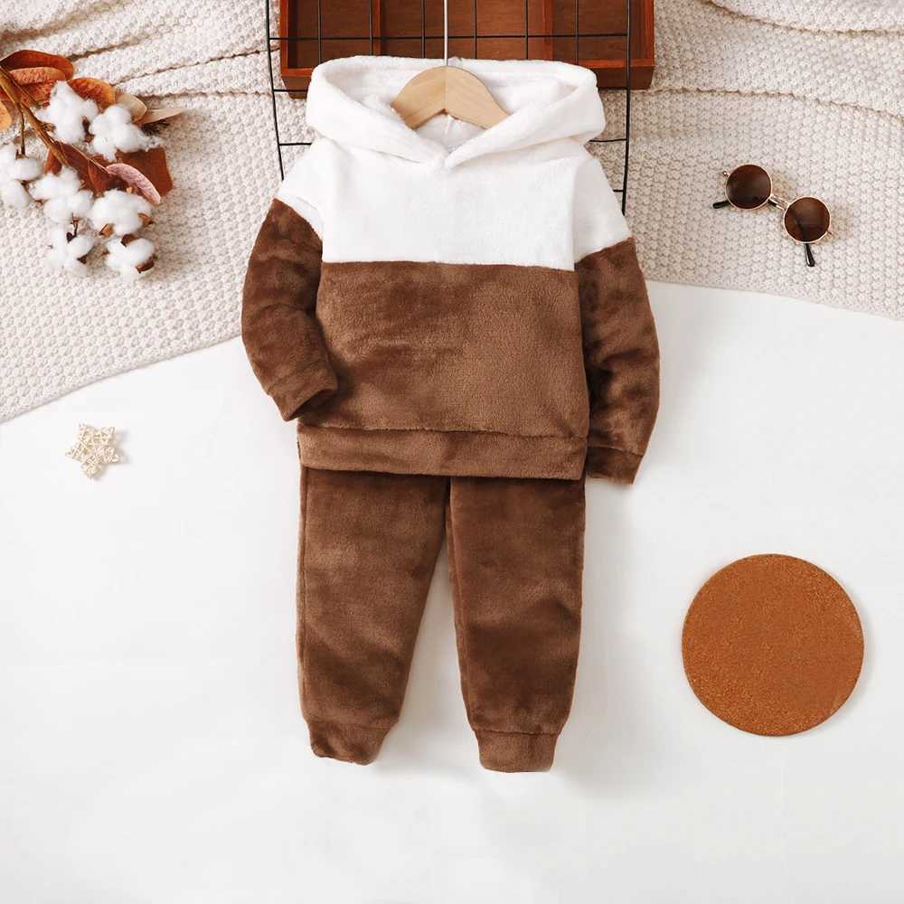 Pull LAPA 18M-6Y garçons costume décontracté enfants flanelle contraste couleur à manches longues à capuche haut + pantalon 2 pièces ensemble hiver nouveaux garçons sweat OutfitL231215