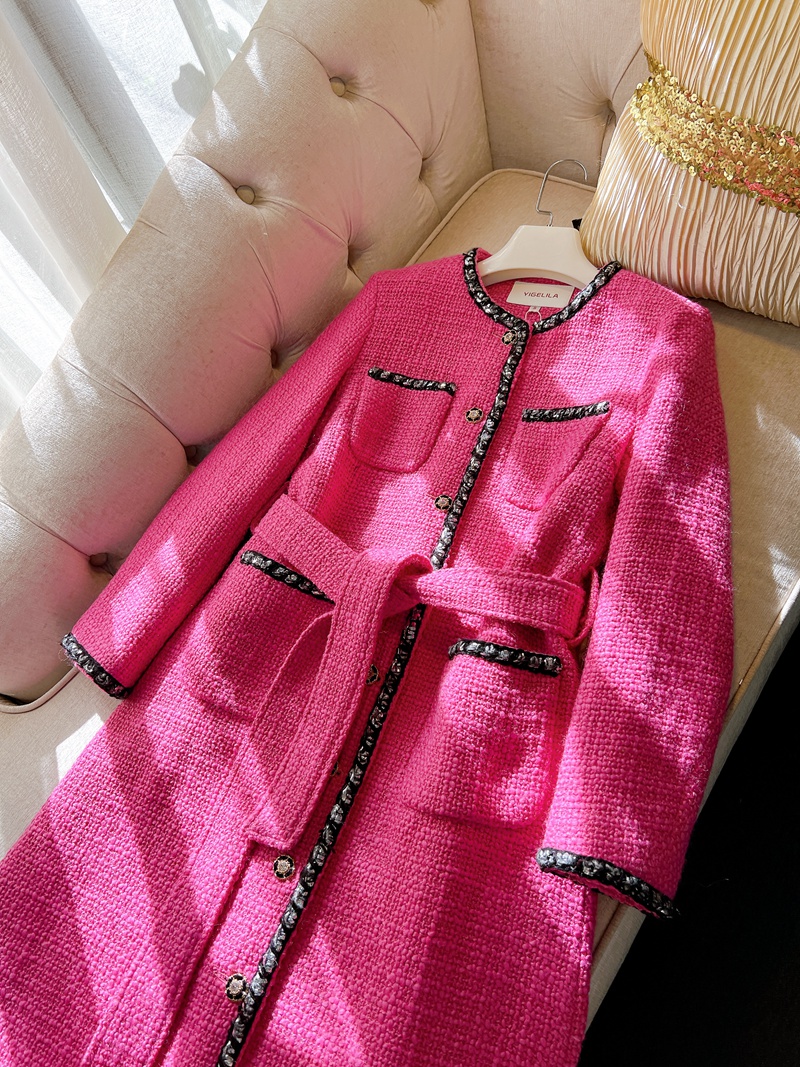 2024 Spring Pink Contrast Color Belted Tweed Wool Blends Outwear Coat Long Sleeve Round Neck Double Pockets Single-Breasted Long Outwear Coats J3D181426