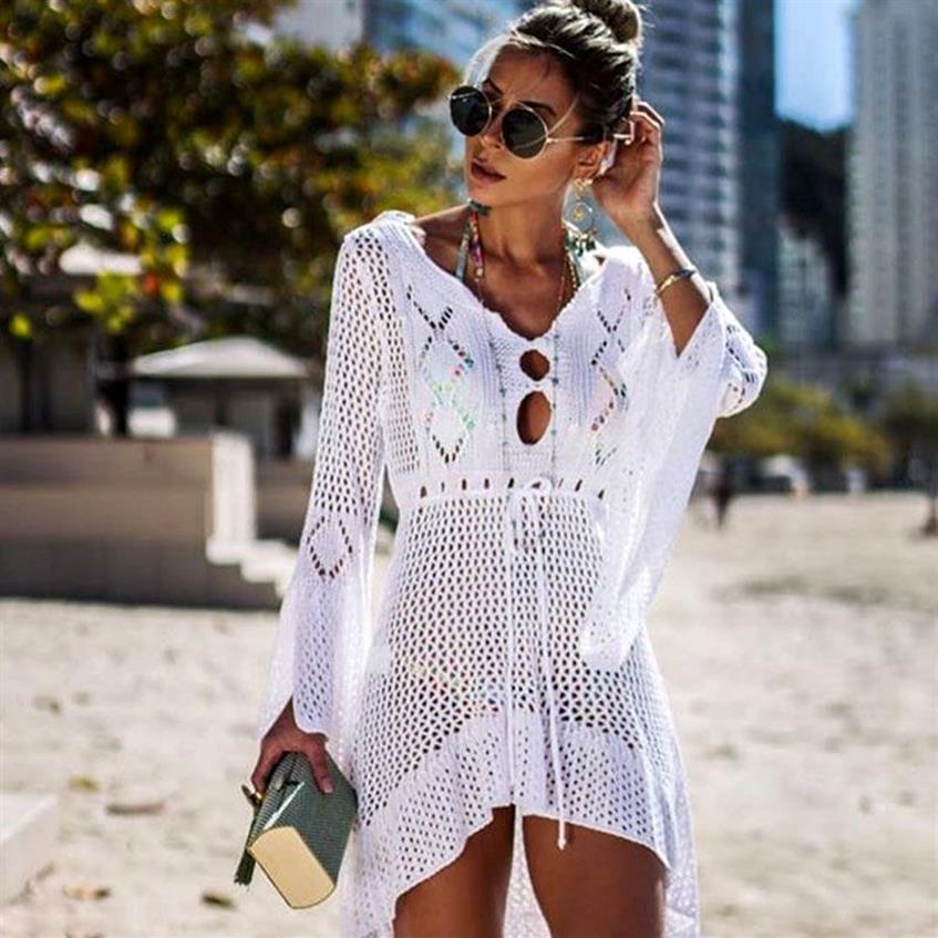 2019 Gehaakte Witte Gebreide Strand Cover Up Jurk Tuniek Lange Pareos Bikini Cover Ups Swim Up Robe Plage Beachwear306T