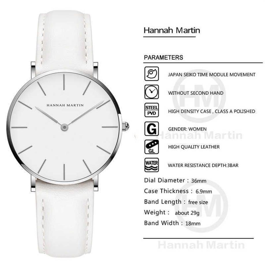 Hannah Martin Casual Ladies Watch With Leather Strap Waterproof Women Watches Silver Quartz Wrist Watch White Relogio Feminino 210275E