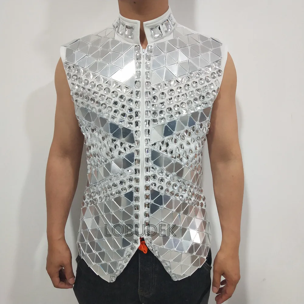 Sparkly Rhinestones Mirror Waistcoat Bar Nightclub Male Singer Stage Crystal Sequins Vest Performance Clothes Drum Dance Coat