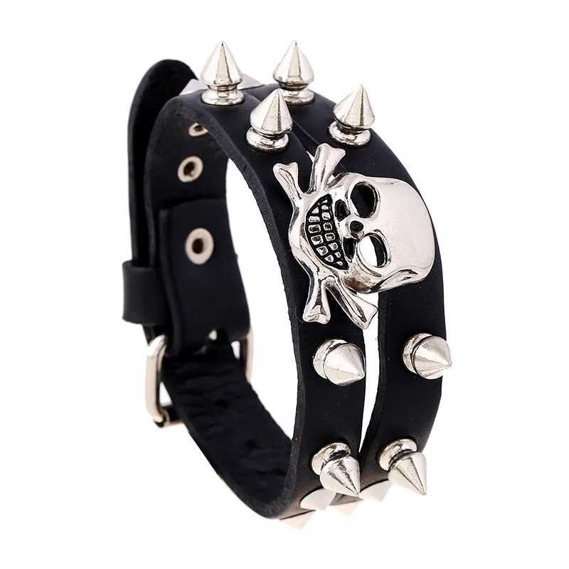 Bangle Diverse Styles Skull Skeleton Chain Spikes Rivet Stud Wide Cuff PU Leather Punk Gothic Rock Unisex Bracelet Men Jewelry BraceletL231220