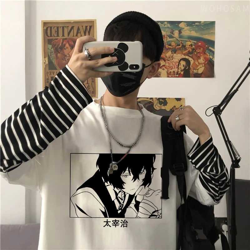 Herr t-shirts japanska anime bungo stray dogs harajuku t shirt kawaii osamu dazai svartvit grafik mode hip hop randig lång ärm2312.21