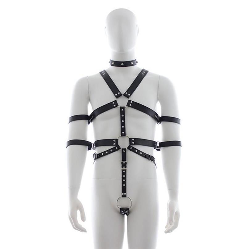 Uomini Punk Rivetto Finimenti di pelle Corpo Bondage Cage Bustier Corsetto Sculptin Bretelle in pelle Bretelle Pantaloni Sexy Cintura maschile292z