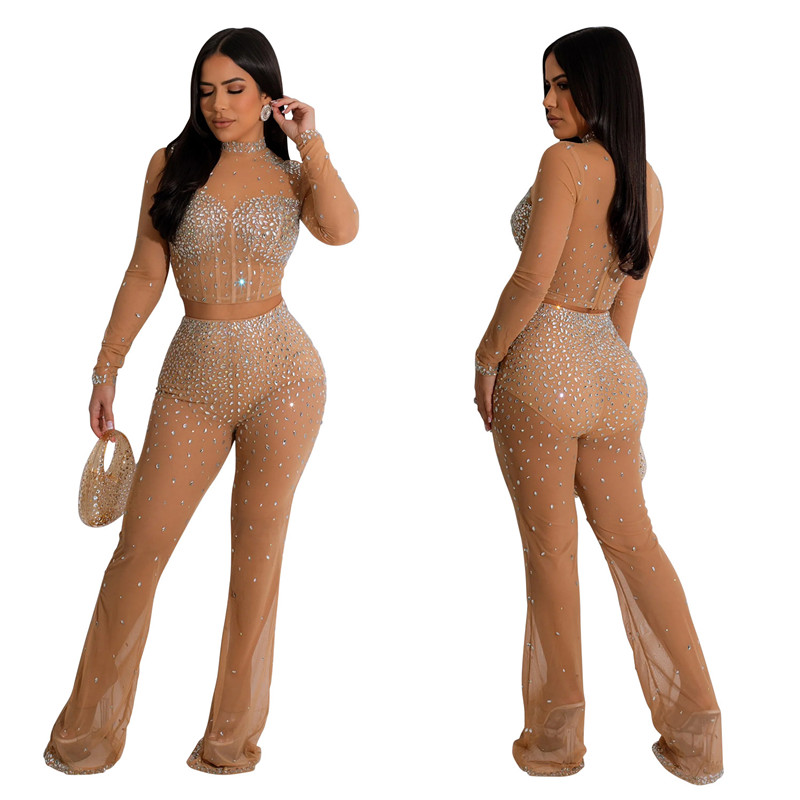 2024 Designer Sexy Mesh Diamonds Tute Donna Due pezzi Set manica lunga Abiti trasparenti Top corto e pantaloni sexy Vedi attraverso Club Wear Abbigliamento all'ingrosso 10453