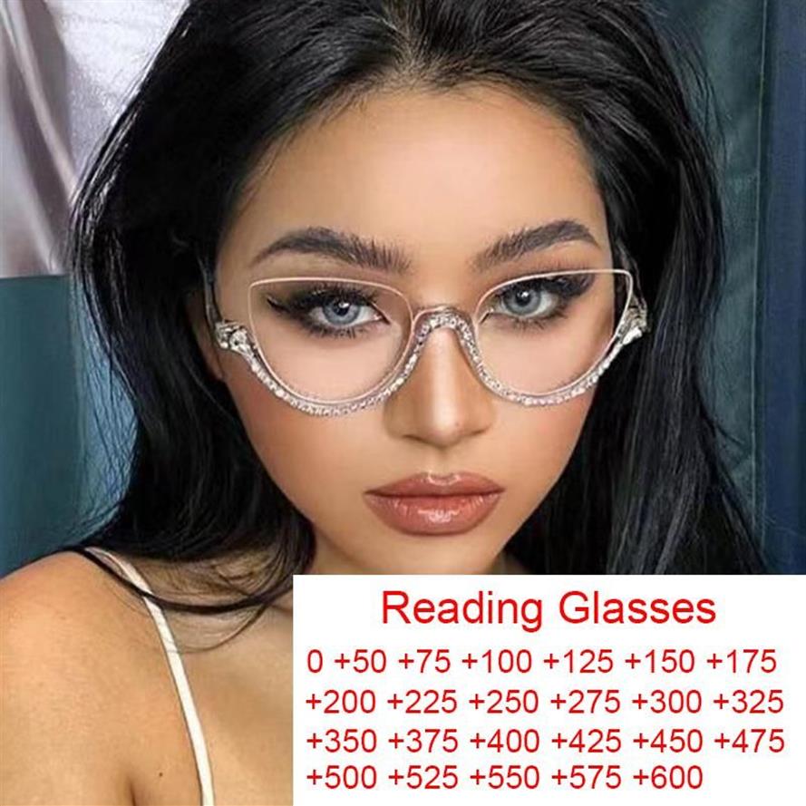 Solglasögon Clear Diamond Cat Eye Reading Glasses Women mode Anti Blue Light Half Frame Rhinestone Luxury Designer Eyeglasses 3S225P