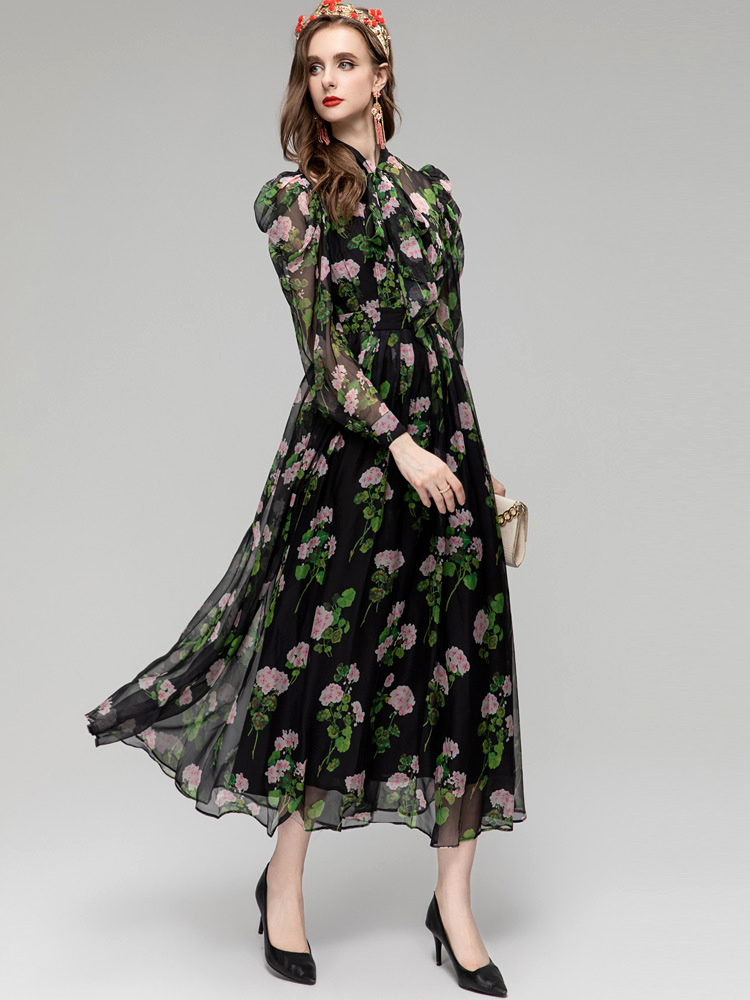 Kvinnors banan klänning snörning bow krage långa ärmar tryckta eleganta high street designer casual vestidos
