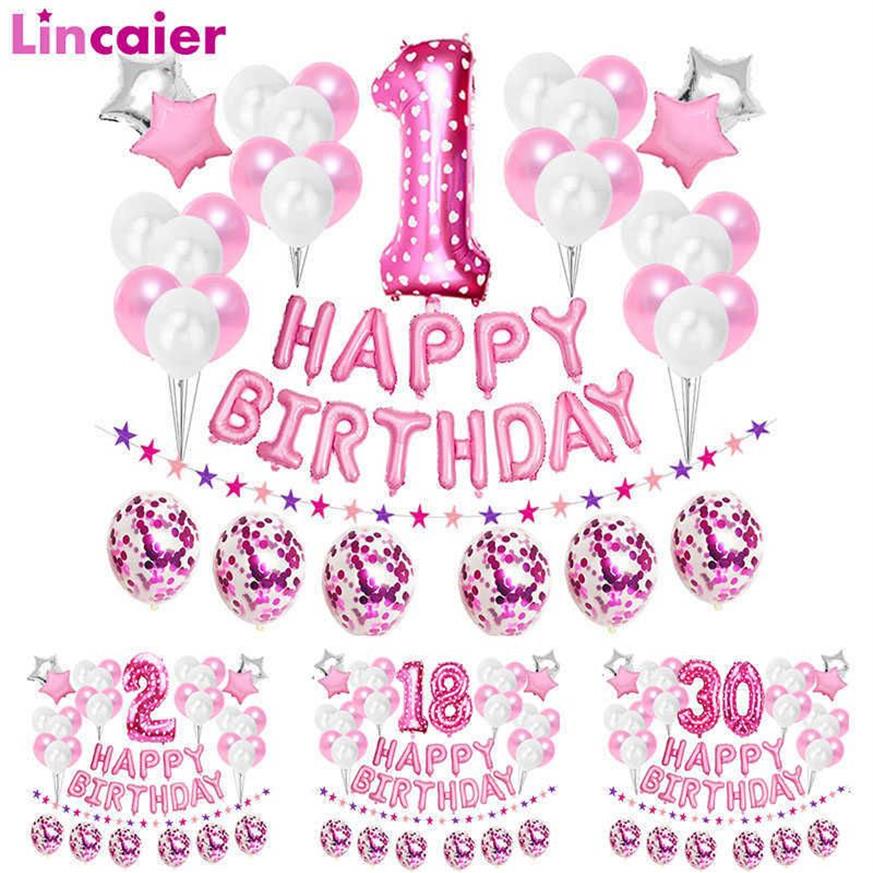 Ballons roses numéro 1 2 3 4 5 6 7 8 9 ans, 37 pièces, décorations de fête d'anniversaire pour enfants, bébé fille princesse 15 16 18 30 40 211222b
