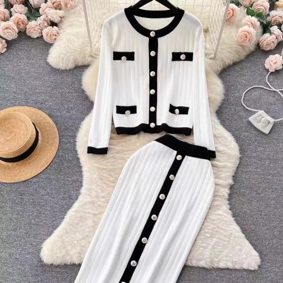 2024 spring Korean Fashion Skirt Sets Outfits Women long Sleeve sweaters Tops + High Waist knit Button splicing Skirt Ladies Set