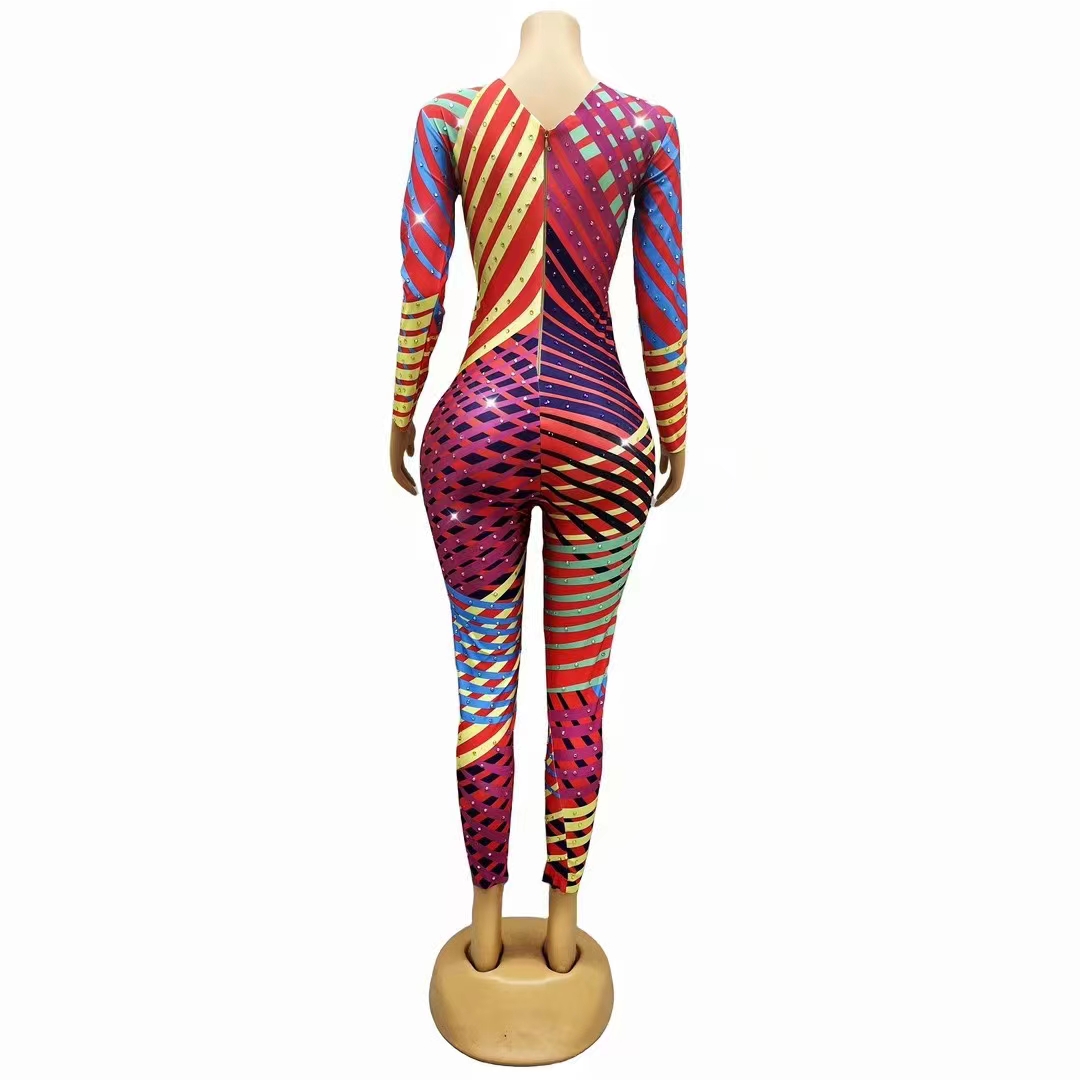 Sexig färgglada strasshoppar Jumpsuit Women Acrobatics Pole Dance Leotard Stage Performance Crystal Stripes Elastic Tight Jumpsuit Dancer Gogo Nightclub Outfit