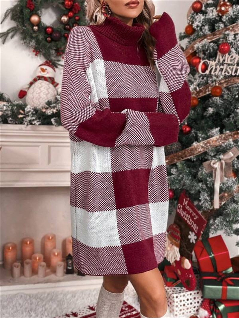 New Autumn and Winter Turtleneck Loose-fitting Plaid Contrast Sweater Dress