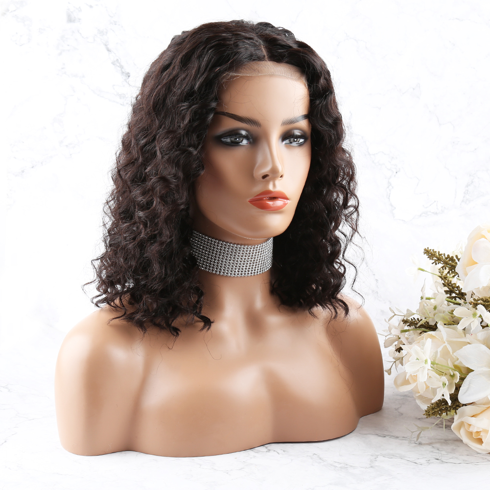 Glueless Bob Wigs İnsan Saç Önceden Kapanmış, 4x4 Dantel Kapatma Kalitesi Peruk Saç 200 Yoğunluk, Ağartılmış Knots ile Peruklara Hazır Su Dalgası Kinky Kıvırcık Bella Saç Trend