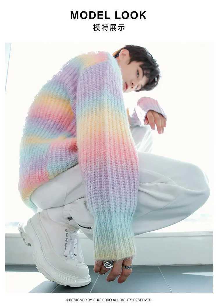 Men's Sweaters 2022 Men's Gradient Tie Dye Round Neck Loose Sweater Knit Sweater Autumn Rainbow Striped Casual Long Sleeve Sweater J231220