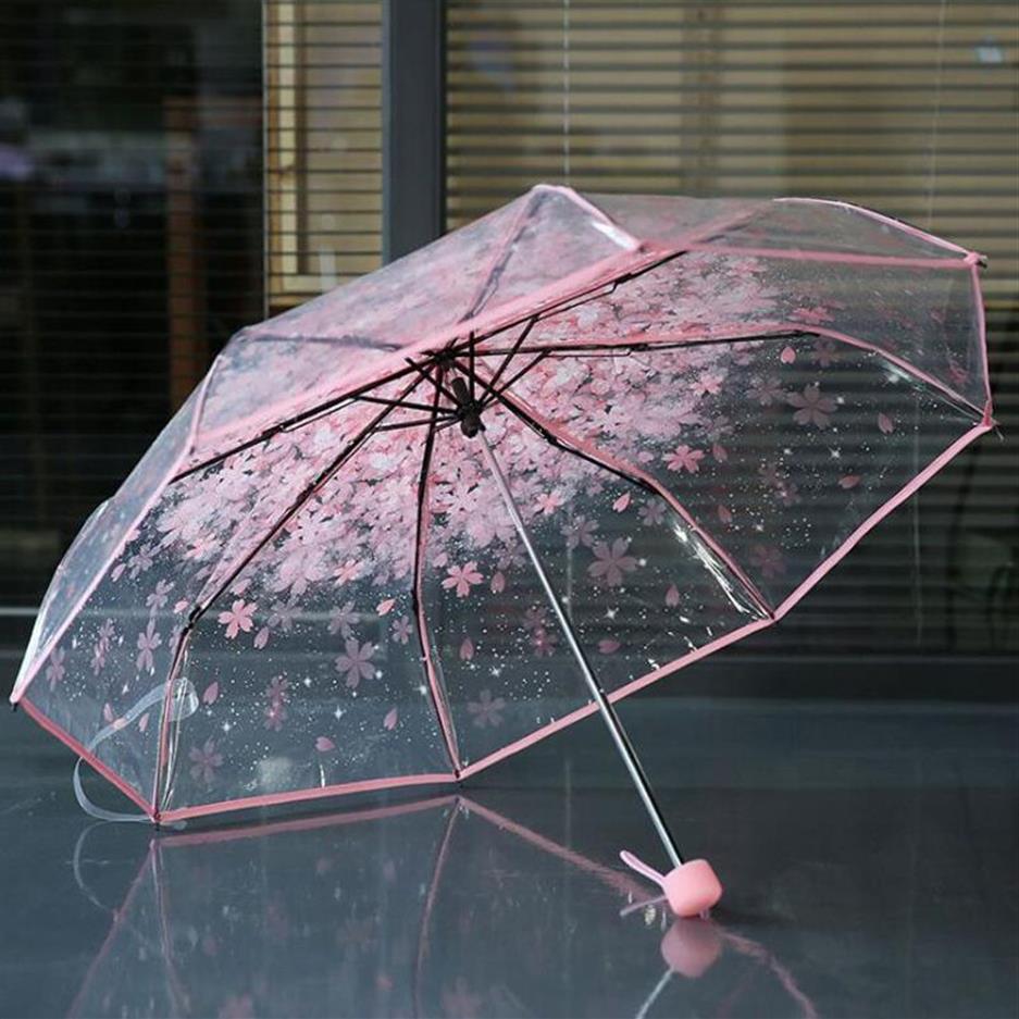 100 teile/los Transparent Klar Regenschirm Griff Winddicht 3 Falten Regenschirm Kirschblüte Pilz Apollo Sakura frauen Mädchen Umb246w