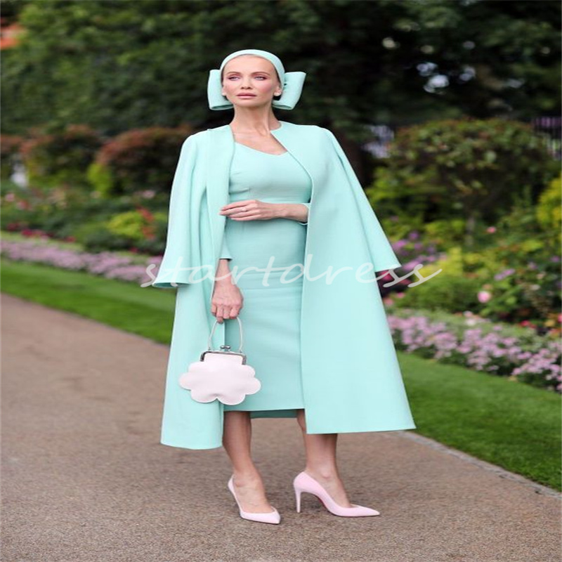 Elegant Mint Green Two Pieces Mother of the Bride Dress 2024 Knälängd Satin Långärmad mamma Evening Dress Formal Wedding Gästklänning med Jacket Prom Dress