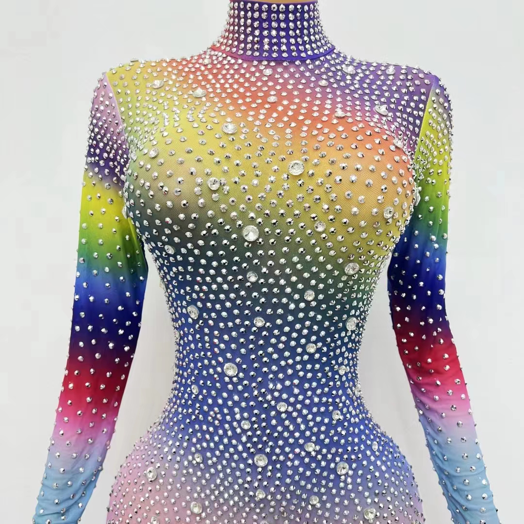 Sexy Colorful Rhinestones Mesh Jumpsuit Dancer Club Dance Costume Nightclub Bar Stage Performance Outfit Multicolor Crystal Rompers Leotard Elastic Tights