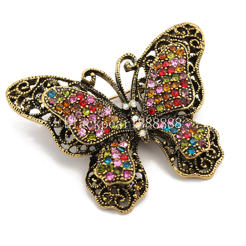 New Simulation Butterfly Brooch Alloy Three-dimensional Inlaid Rhinestones High-grade Pin Retro Clothing Accessory