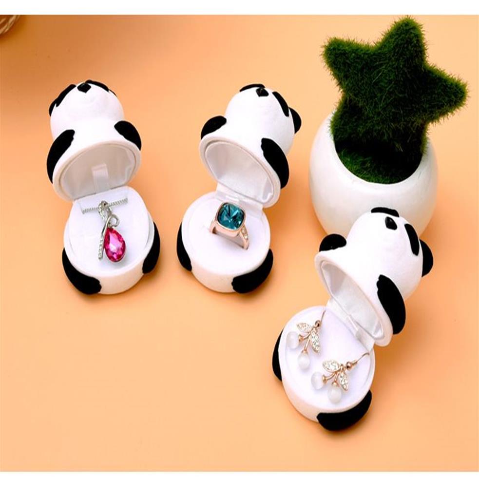 Einfache sieben niedliche Tier-Ringbox aus Kunststoff mit Beflockung, Schmuck-Display, Ohrstecker-Etui, schwarz-weißer Panda-Jewerly-Container, 232 V