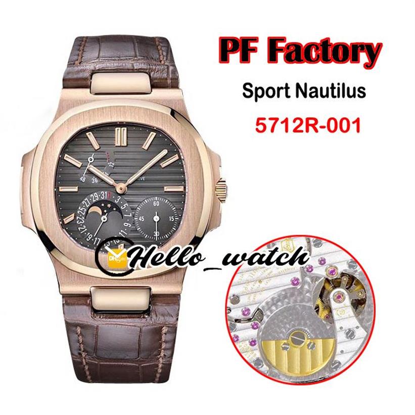 Neue PFF 40mm Sport 5712R-001 5712 mechanische Handaufzug Herrenuhr Mondphase Gangreserve graues Zifferblatt Roségold braunes Leder he261z