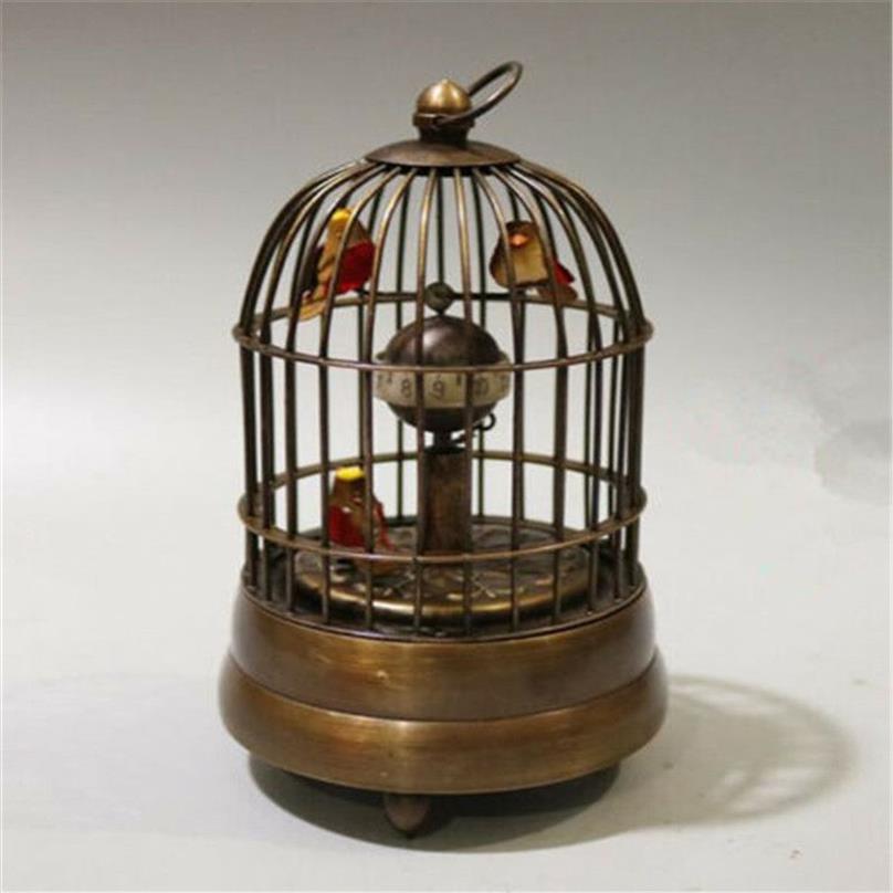 Nouveau collectionner décorer ancien cuivre manuel deux oiseau dans la table mécanique de cage horloge252f