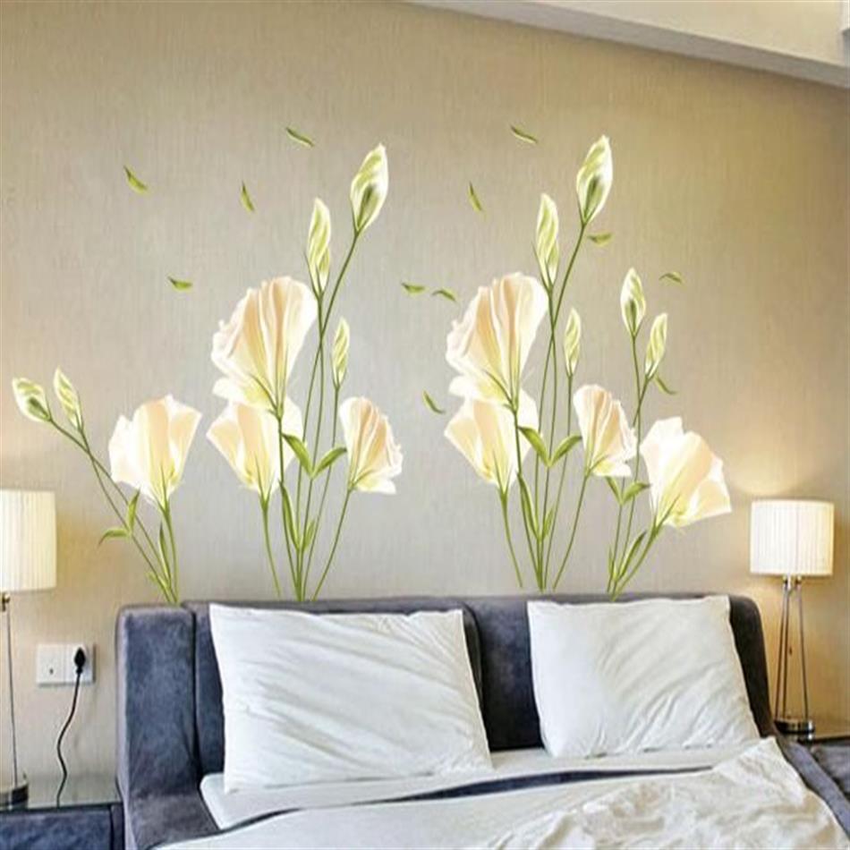 Adesivo da parete con fiori di giglio sul muro Adesivi murali in vinile Gome Decor Camera da letto Sfondo Decalcomanie da muro269K