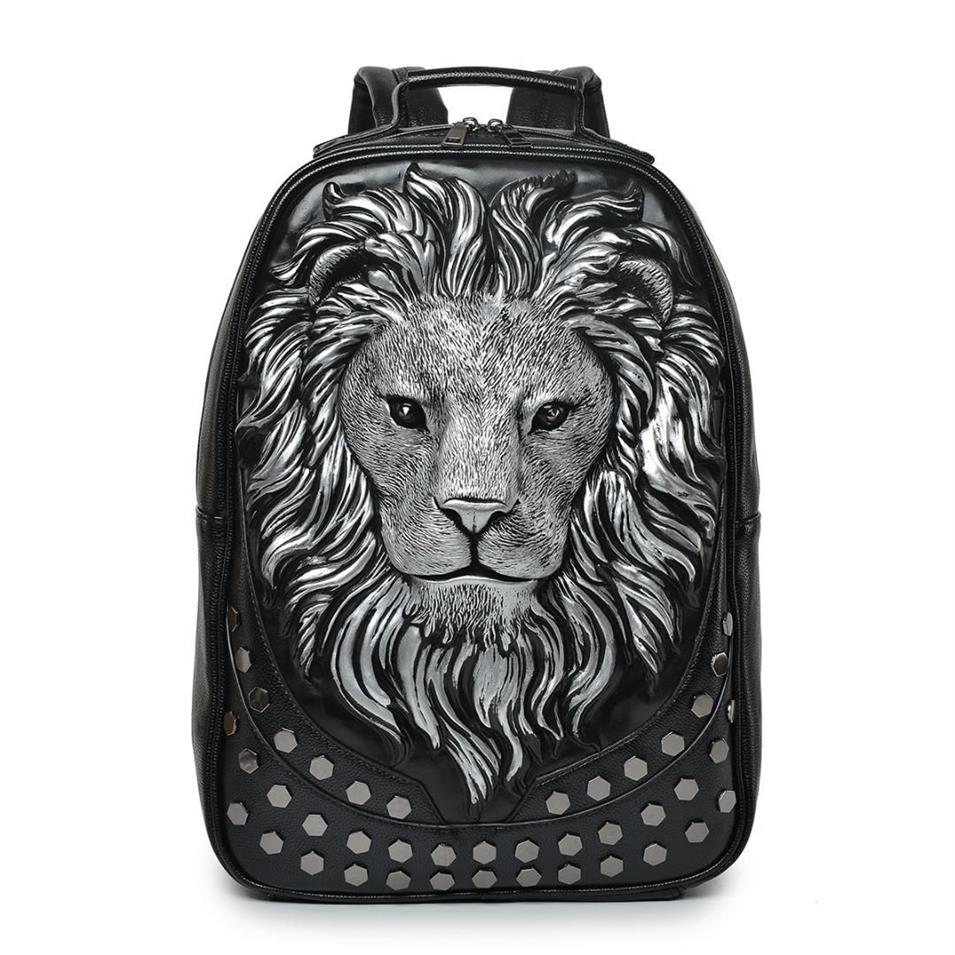 Erkekler sırt çantası deri yumuşak 3d kabartmalı aslan başlık çivili perçin goter seyahat punk kaya sırt çantası dizüstü bilgisayar cadılar bayramı çantası184m