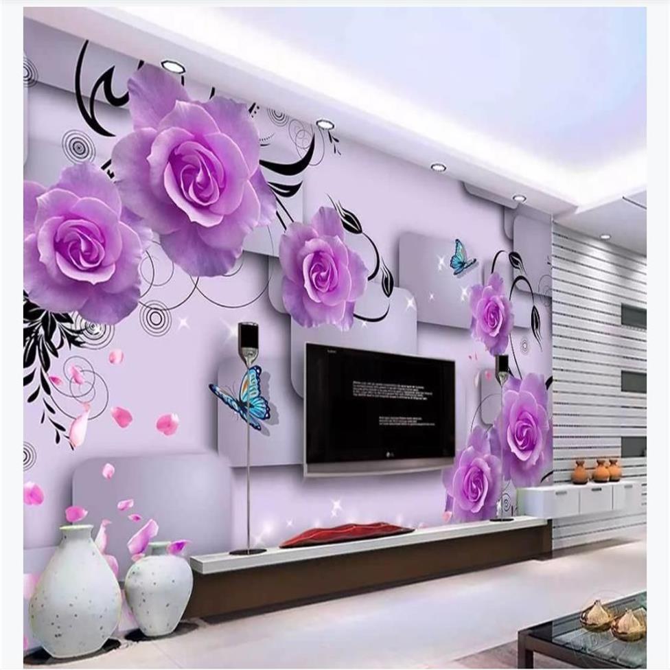 Aangepaste 3D Mural Wallpaper Po Wall Paper Purple Rose Bloemblaadjes vallen driedimensionale vierkante mode 3D TV-bank achtergrond W265Y