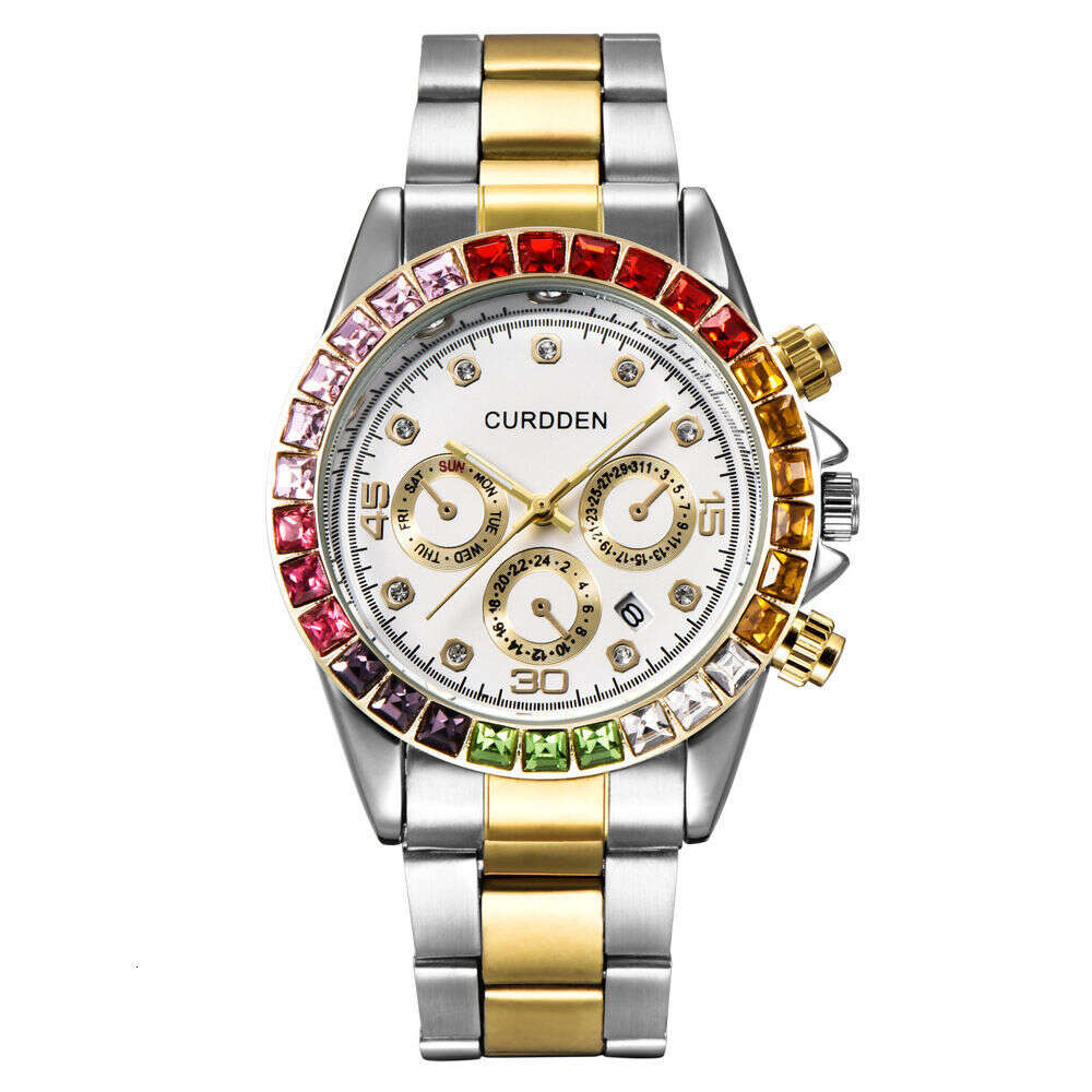 Hip Hop Colorful Diamond Sports Personalized Large Dial Steel Band Men's Fashion Trend Calendar Quartz Watch