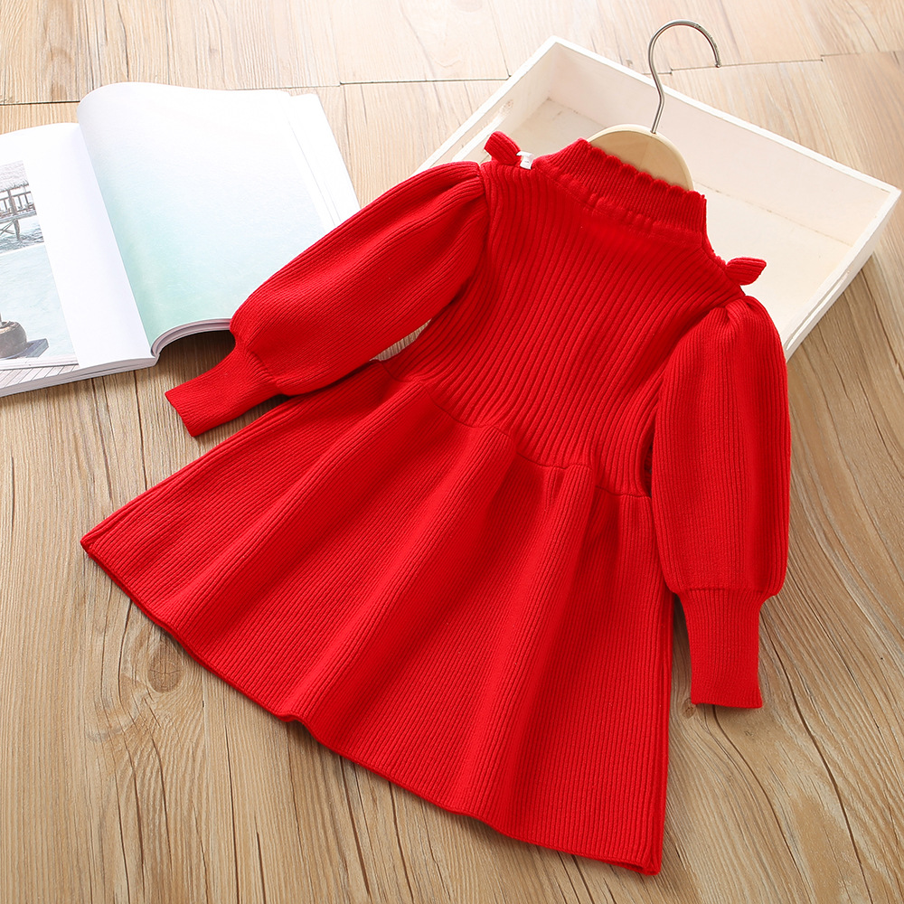 Autumn Winter Girls' Sweater Long Sleeve Dress 2023 Christmas Party Girl Baby Retro Lotus Leaf Knitted Wool Dress