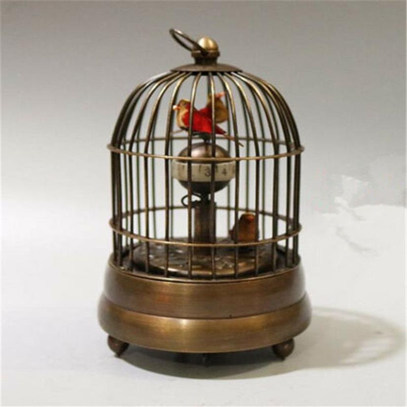 Nouveau collectionner décorer ancien cuivre manuel deux oiseau dans la table mécanique de cage horloge252f