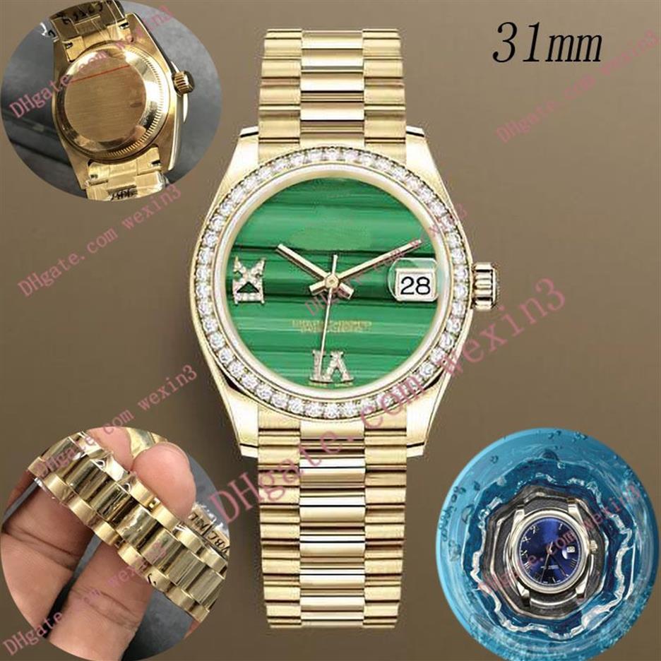 Deluxe-Damenuhr, 31 mm, mechanisch, automatisch, Diamantrahmen, Präsidentenarmband, grün gestreiftes Zifferblatt, Montre de Luxe 2813, Stahl Waterp2085