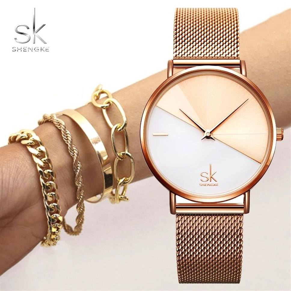 Shengke sk féminins bracelet watch set cuir poignet watch vintage Lady montre une horloge irrégulière mujer bayan kol saati montre féminino274w