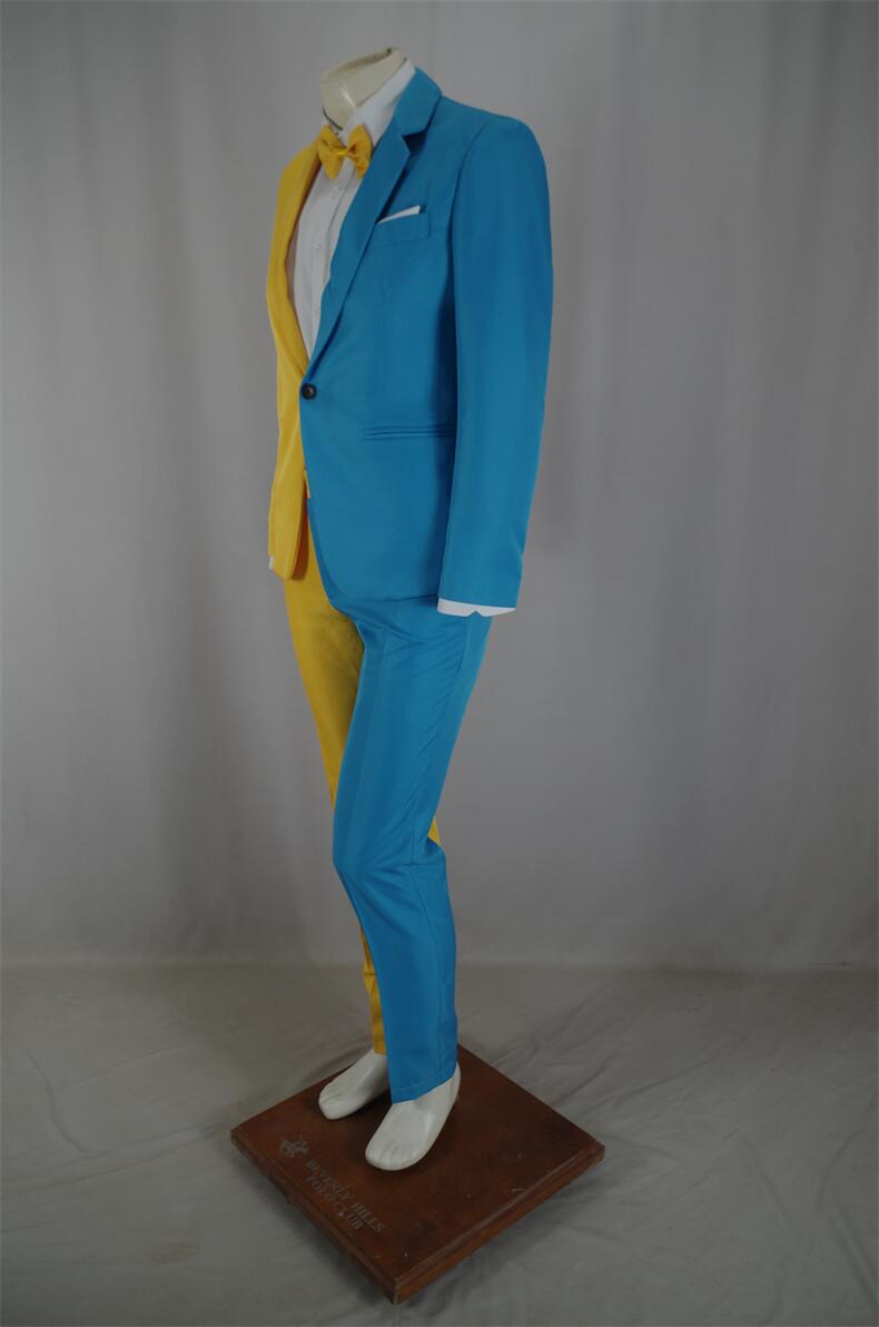 Männer unregelmäßige gelbe blaue Patchwork -Farbanzüge Zauberer Clown Performance Stufe 2 Stück Outfits Blazers Hosen Set Bankett Hochzeitsfeier Host Tuxedo Kostüm