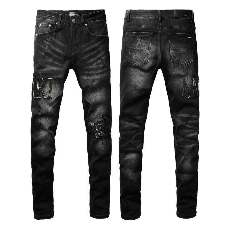 Jeans neri invecchiati con lettera di trapano a caldo stile americano High Street 8823 Fccc1