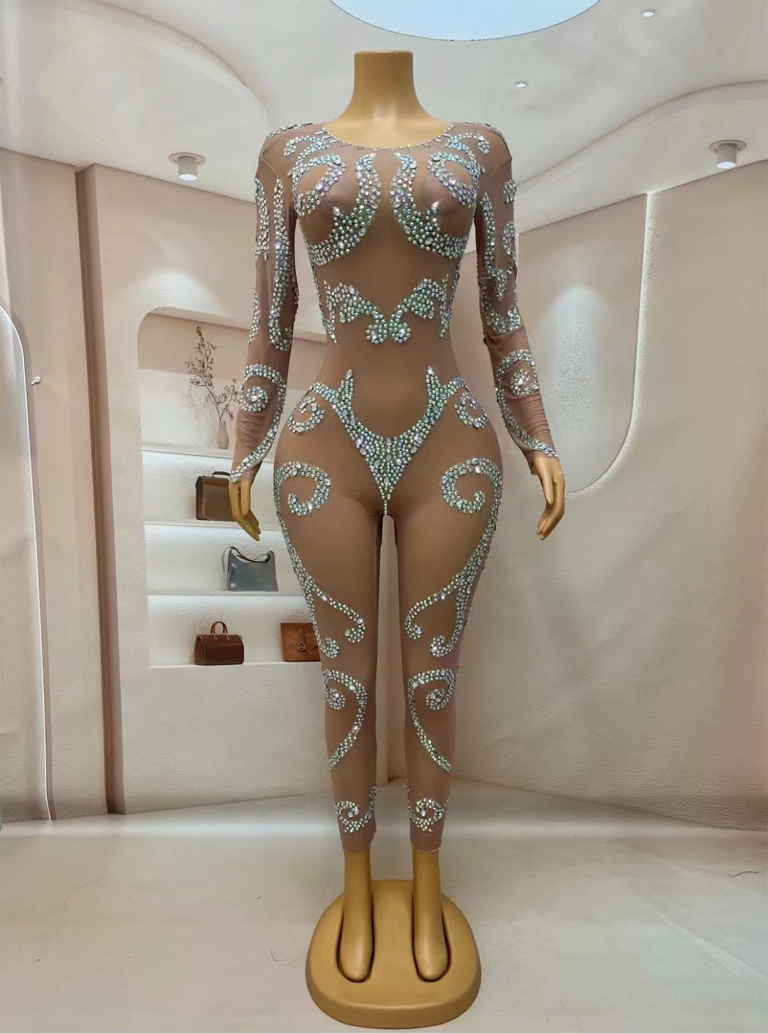 Sparkly Rhinestones Nude Transparent Nightclub Jumpsuit Long Sleeve Stretch Mesh Pole Dance Skinny Leotard Singer Stage Costume