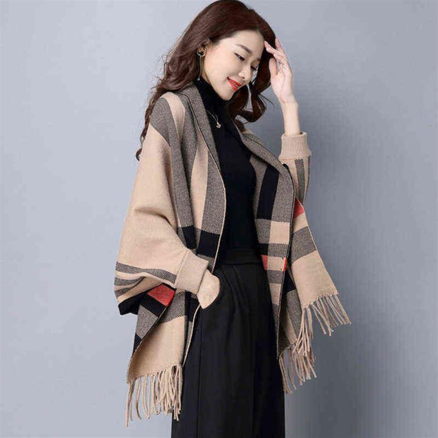 ZJZLL Moda Scialle caldo invernale multicolore con frange lunghe e avvolgente con maniche Plaid lavorato a maglia Pashmina Mantella a righe Maglione Poncho Y357f