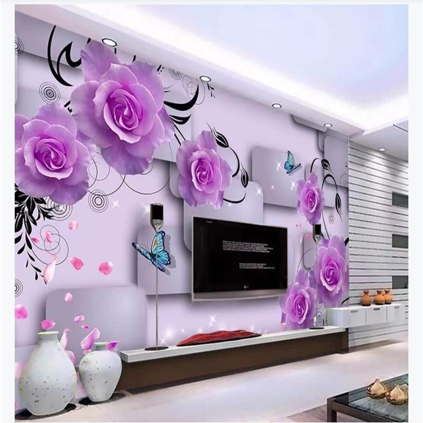Personalizado 3d mural papel de parede po roxo pétalas de rosa caindo tridimensional quadrado moda 3d tv sofá fundo w2580