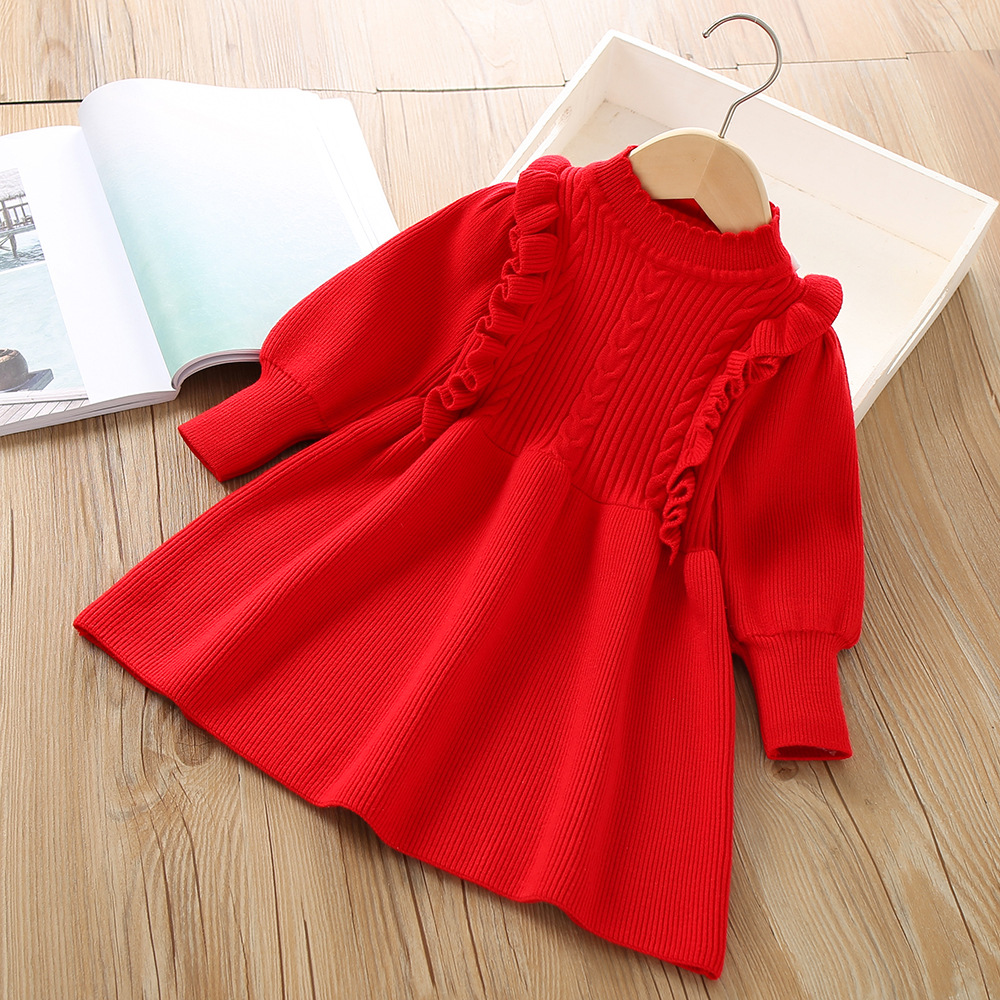 Autumn Winter Girls' Sweater Long Sleeve Dress 2023 Christmas Party Girl Baby Retro Lotus Leaf Knitted Wool Dress