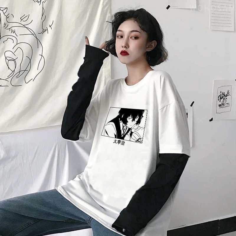 Herr t-shirts japanska anime bungo stray dogs harajuku t shirt kawaii osamu dazai svartvit grafik mode hip hop randig lång ärm2312.21