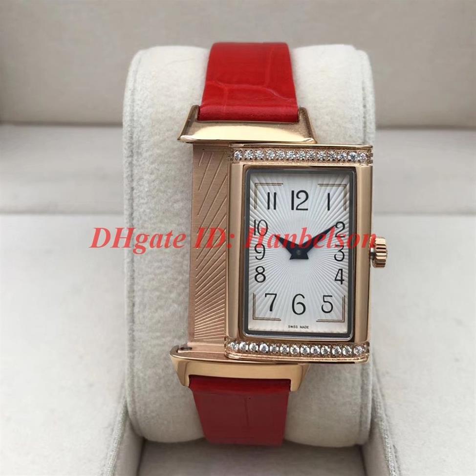 Nouvelles montres 3352420 Diamond Rectangular Lady Watchs Reverso Case de haute qualité Flip Fonction en cuir STRAP QUARTZ WRISTRACK259S
