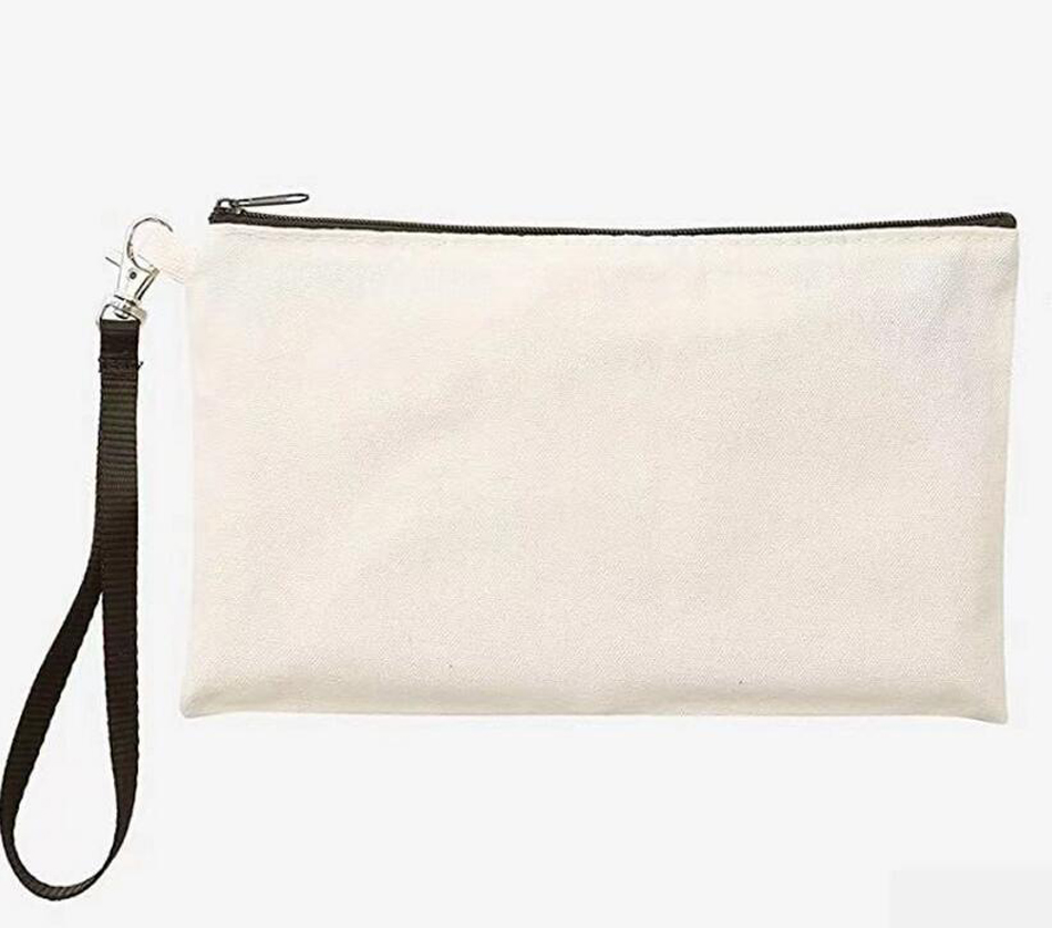 化粧品バッグdiyキャンバスプレーン大容量手首ベージュブラック付き長い鉛筆バッグ