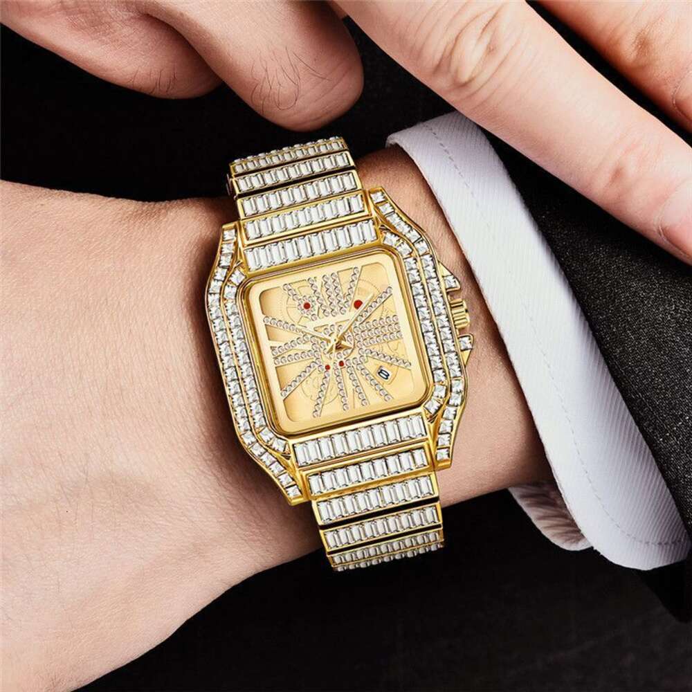 2022 New Men Hip Hop Full Diamond Steel Band Frasnable and Figured Square Double Button Calendar Quartz Watch