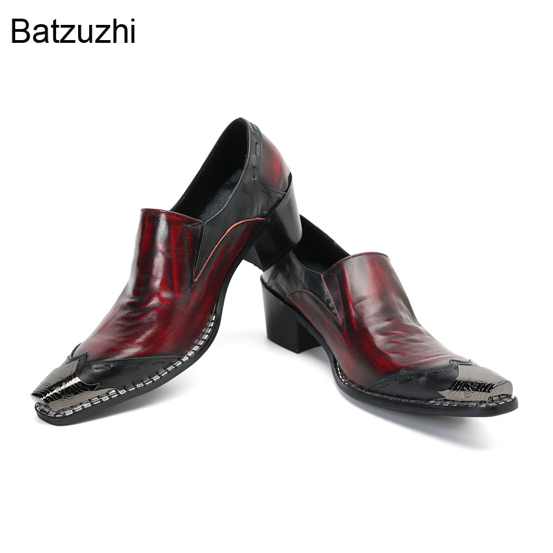 Batzuzhi italiensk typ herrskor metall pekade tå bruna äkta läderklänningskor män fest bröllop zapatos hombre!