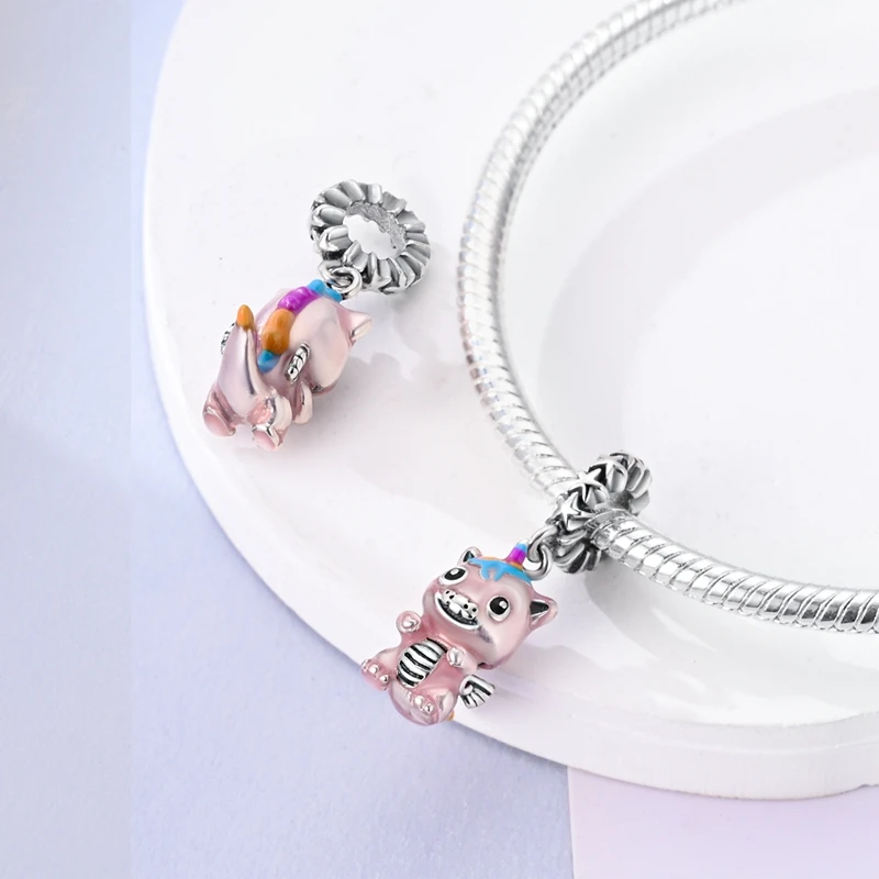 Majestic Unicorn 925 Sterling Gümüş Boncuklar Cazibe Güzel Renkli Kolye Fit Pando Takma Bileklik DIY Kadınlar Orijinal Takı