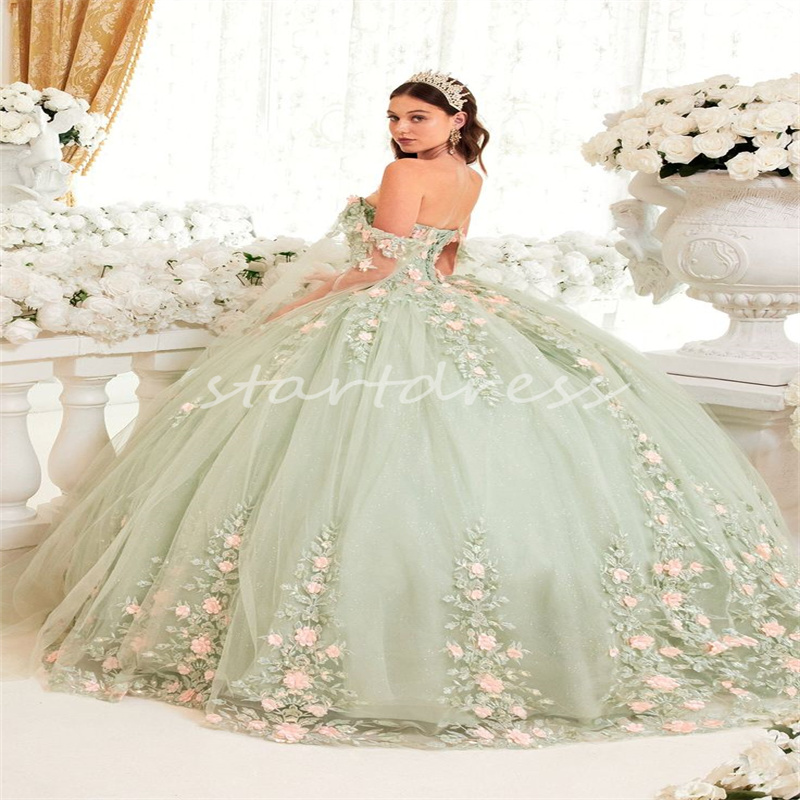 Sagee Green Quinceanera Dresses With Pink Florals Elegant Off Shoulders Ball Gown Corset Lace Vestido De 15 Anos Fifteen 16 quinceanera dresses 2024 Sixteen