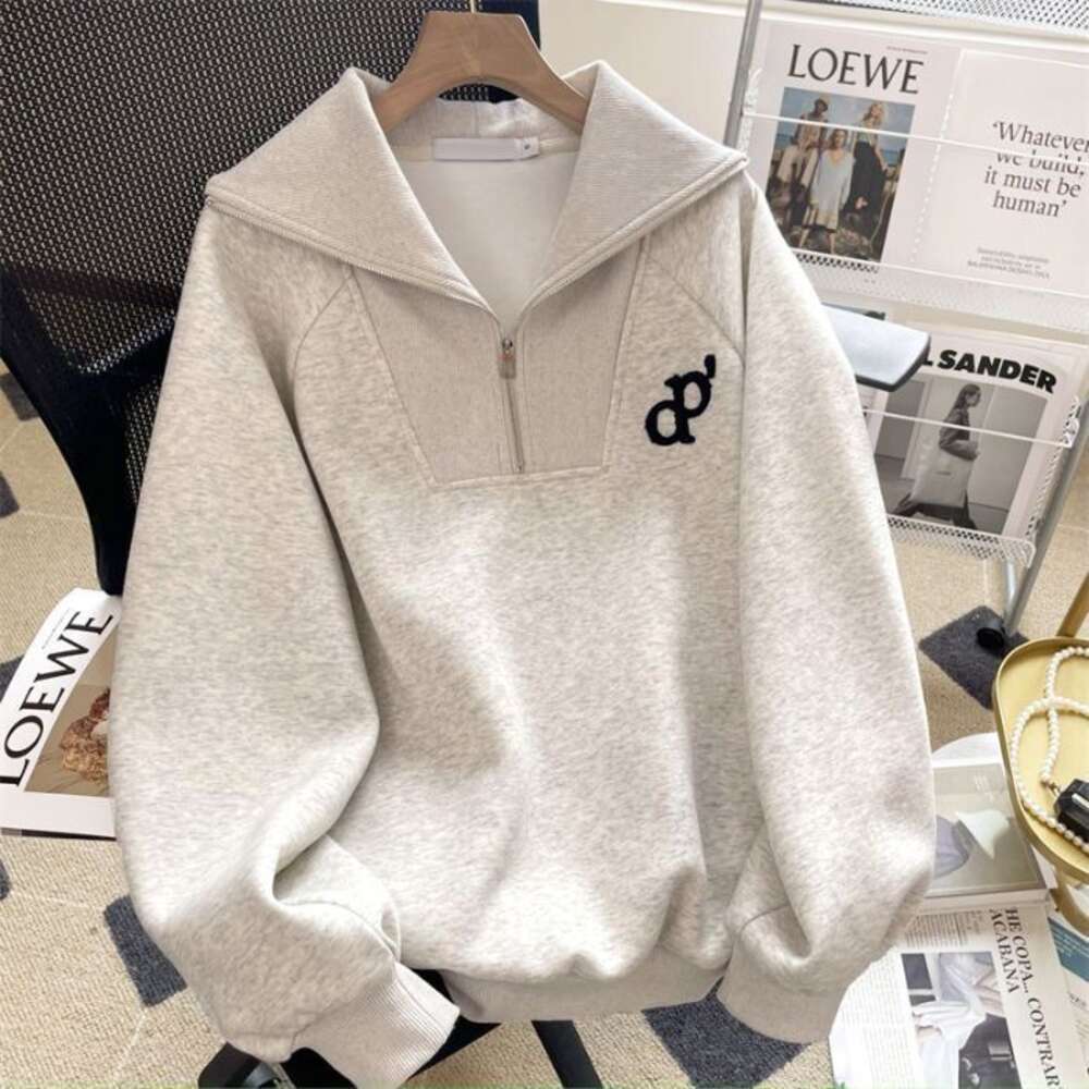 coat trapstar Veet Gray Hoodie Women with Half Zippered Collar A New Korean Loose Oversized Jacket for Autumn and Winter 2023