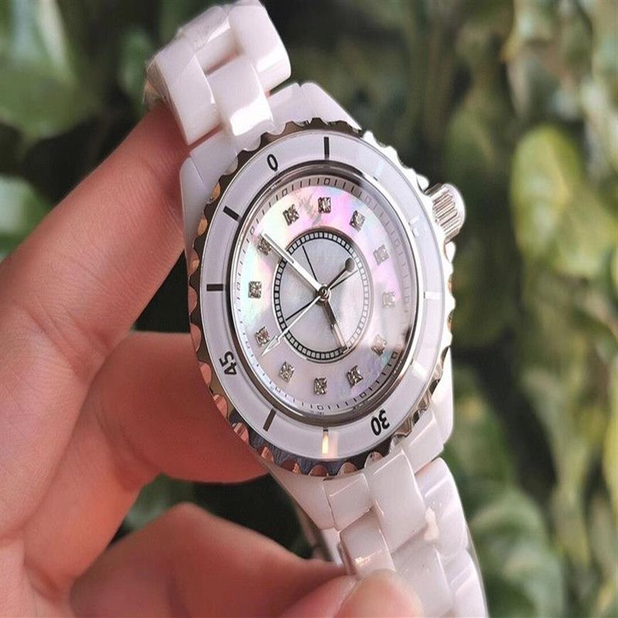 Berömda varumärke kvinnor keramikklocka Mother Pearl Shell Dial 12 Diamond Clock Men unisex Fashion Watch2784